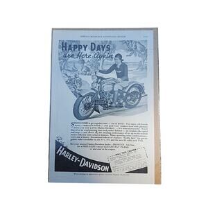 1936 Old Magazine Print Ad, Harley-Davidon Motorcycle, Happy Days are Here! Vtg